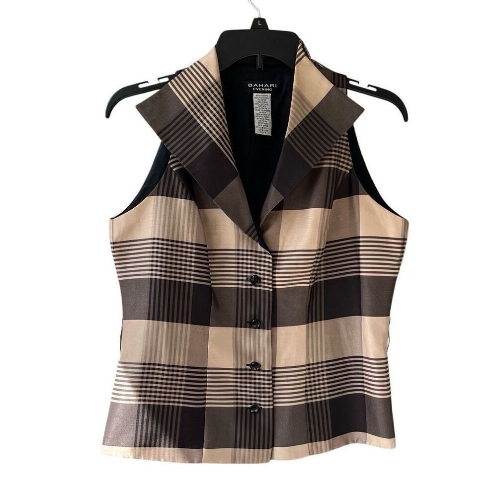 Bahari Evening Taupe & Black Sleeveless Button-Up Blouse – Size 8